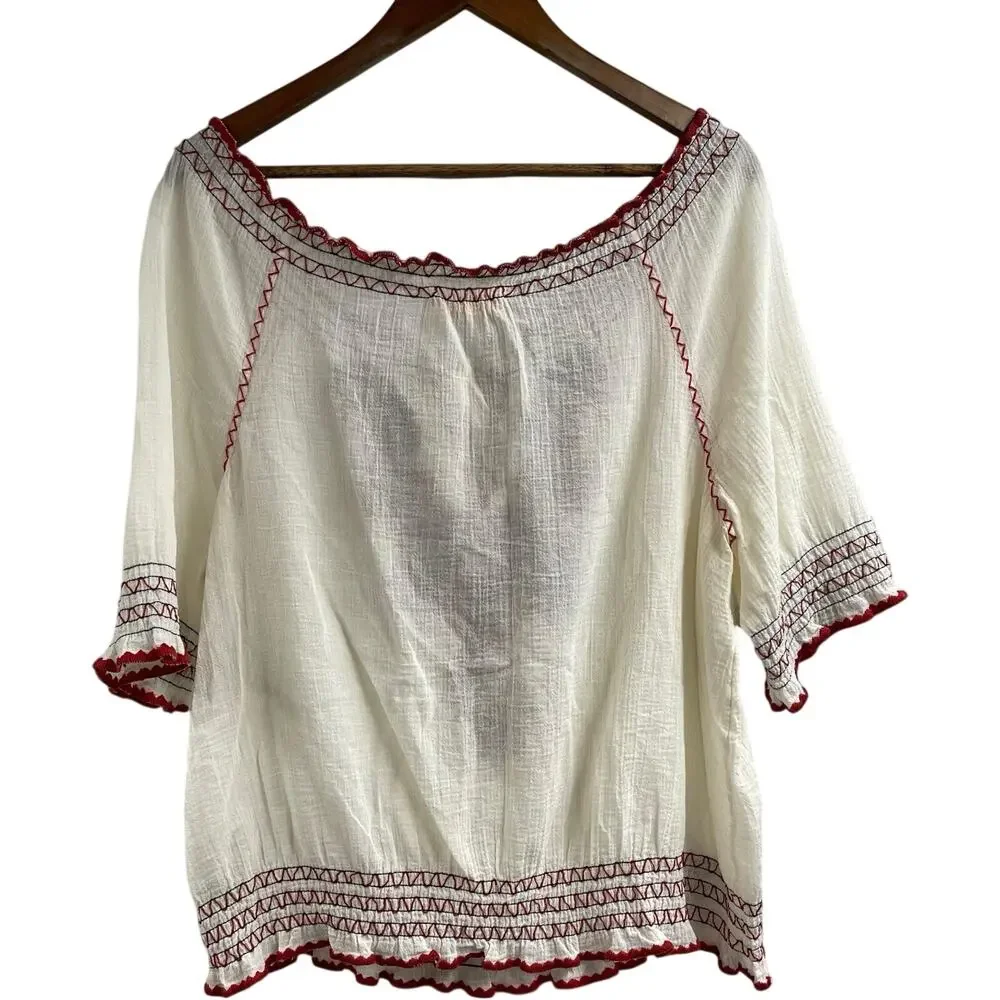 Tory Burch Mari Peasant Top M Cream Embroidered Boho 100% Cotton